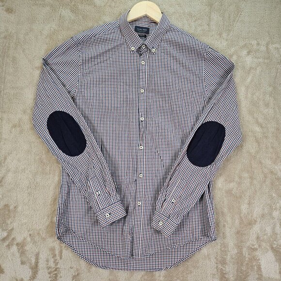 Zara Man Shirt Slim Fit Plaid Button-Down Long Sleeve w/ Elbow Patches Mens Sz L - Picture 2 of 10